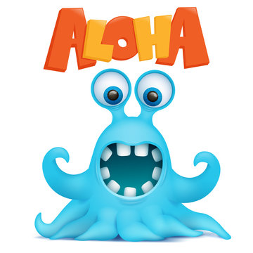 Octopus alien monster emoji character with aloha title