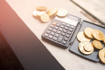 calculator and golden coin