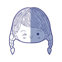 blue shading silhouette of kawaii head little girl with braided hair and facial expression wink eye vector illustration