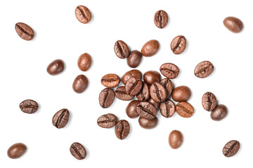 roasted coffee beans on white, top view