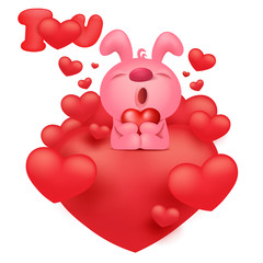 Pink bunny emoticon cartoon character with red hearts