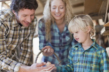 Family examining eggs in henhouse © Image Source RF