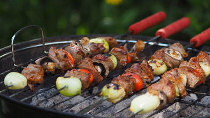 Skewers of meat and vegetables on a glowing hot grill