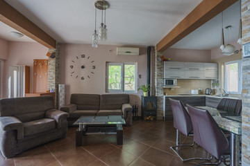 Interior of a guest house room with a kitchen