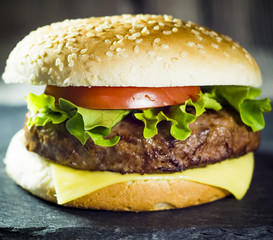 Delicious hamburger with cheese, lettuce and tomato on a stone