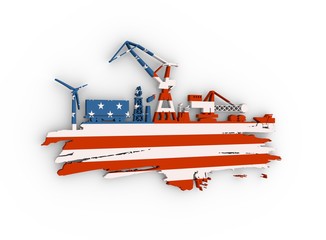 Energy and Power icons set and grunge brush stroke. Energy generation and heavy industry relative image. Flag of the USA. 3D rendering