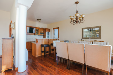 Interior of a living room with kitchen zone in a villa