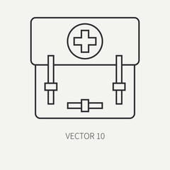 Line flat vector military icon - first aid kit. Army equipment and weapons. Cartoon style. Army. Assault. Soldiers. Armament. Ammunition.Vector illustration and element for your design and wallpaper.