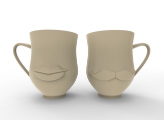 3d illustration of cups with lips and mustache. white background isolated. icon for game web.