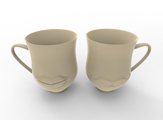 3d illustration of cups with lips and mustache. white background isolated. icon for game web.