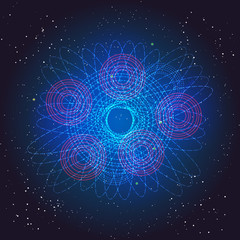 Boson Higgs, quantum mechanics. Voyage in the Space. Big Bang illustration. Vector abstract cosmic background.