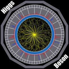 Boson Higgs, quantum mechanics, Hadron Collider. Voyage in the Space. Big Bang illustration. Vector abstract cosmic background.