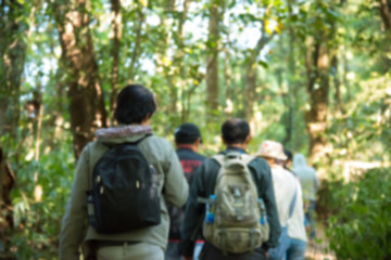 blurry focus of traveller hiker is walking on the mountain