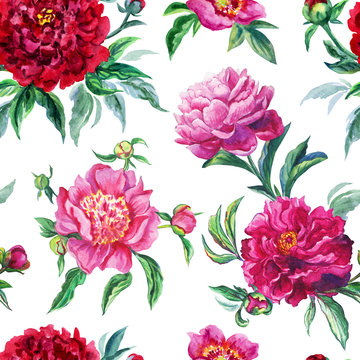 Seamless watercolor pattern of peonies on a white background.
