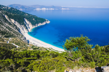 Naklejka premium Aerial View of beautiful Myrtos Bay and Beach on Kefalonia Island, Greece