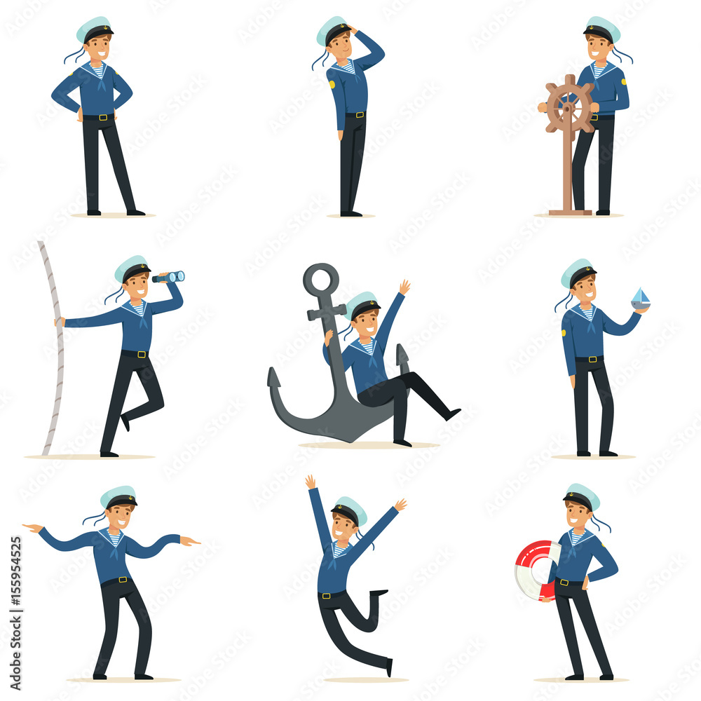 Poster Sailor character doing his job set. Seaman in different situations cartoon vector Illustrations