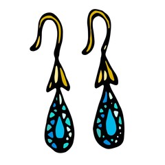 Gold Jewellery Earrings With Blue or Turquoise Gemstones Drop Shape. Isolated On a White Background Doodle Cartoon Vintage Hand Drawn Sketch