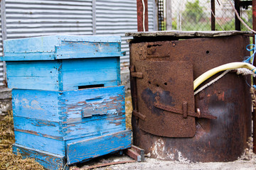 Single wooden beehive in a village garden