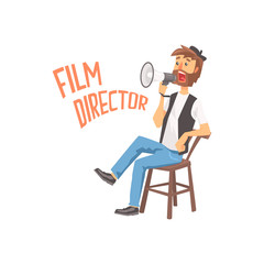 Fototapeta na wymiar Film director sitting in his chair speaking into a megaphone, cartoon character vector Illustration