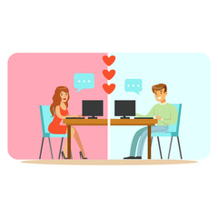 Man and woman chatting on their computers colorful character vector Illustration