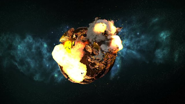 Planet Earth explodes with large debris, fire flames, smoke and magma. Comes with the Alpha Matte.  No extra glows, lensflares or camera shake.