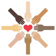 Extended hands with different skin tones towards a centered heart - Vector Illustration