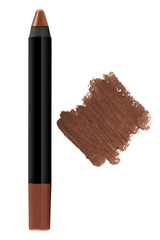 Brown cosmetic pencil lipstick with matching color stroke sample, beauty products isolated on white background