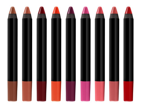 Set of nine cosmetic pencil lipsticks, beauty products isolated on white background, clipping path included