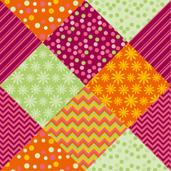 Bright summer style fabric pattern samples. Simple cute polka dot and floral patchwork  motif