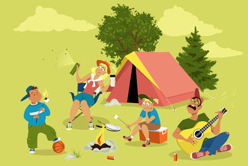 Family camping, roasting marshmallow and singing, tent on the background, EPS 8 vector illustration, no transparencies