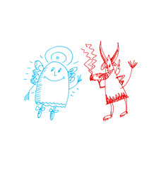 hand drawn sketch illustration of angel and devil. vector traced illustration for print and web