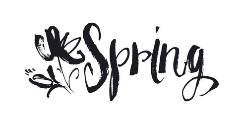 Fototapeta na wymiar hand drawn Spring word lettering with abstract flowers. concept shabby sketch style image for print and web