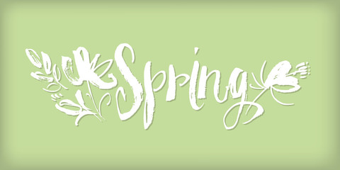 hand drawn Spring word lettering with abstract flowers. concept shabby sketch style image for print and web