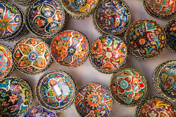 Decorative souvenir plates background, Turkey, Kalkan.