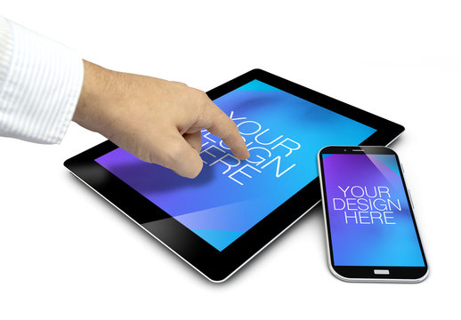 User Tapping Tablet on White Background 1
