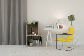 White modern work room. Scandinavian interior design. 3D illustration
