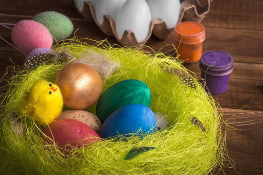 Eggs in a green nest. Easter concept