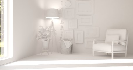 White room with armchair. Scandinavian interior design. 3D illustration