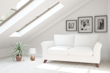 White room with sofa and winter landscape in window. Scandinavian interior design. 3D illustration