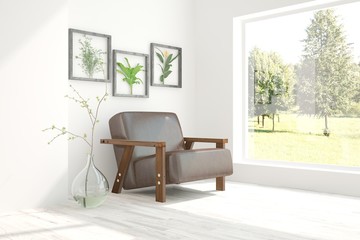 White room with armchair and green landscape in window. Scandinavian interior design. 3D illustration
