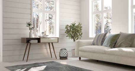 White room with sofa and winter landscape in window. Scandinavian interior design. 3D illustration