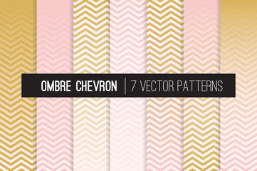 Blush Pink and Gold Ombre Chevron Vector Patterns. Girly Art Deco Style Gradient Fade Zigzag Stripes Texture Blending into Solid Color. Horizontally Seamlessly Repeating Pattern Tile Swatches Included