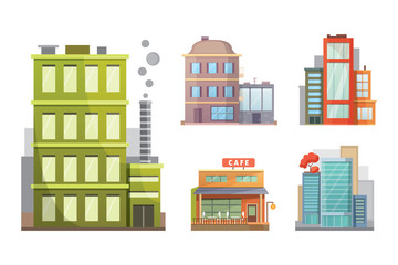 Flat design of retro and modern city houses. Old buildings, skyscrapers. colorful cottage building, cafe house.