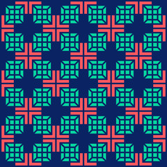 Seamless medical abstract pattern with crosses and square on blue background. Vector illustration.