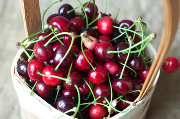 Delicious and juicy red cherries in a wooden wicker basket on the sackcloth texture