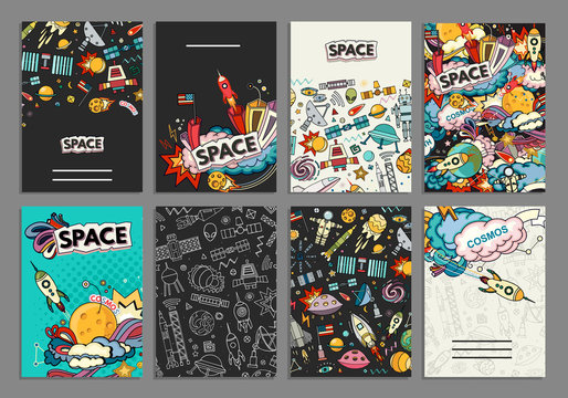Fototapeta  Cards vector template illustration of space. Moon, planet, rocket, earth, cosmonaut, comet universe Classification milky way osmos