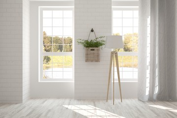 White empty room with green landscape in window. Scandinavian interior design. 3D illustration