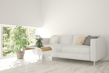White room with sofa and green landscape in window. Scandinavian interior design. 3D illustration