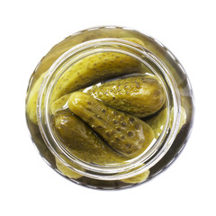 Cucumbers in bank. isolated on a white background.Top view