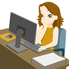 Business woman working on desktop computer and rest the chin on the hand